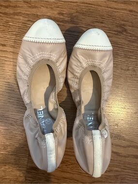 CHANEL Nude Ballet Flats with White Cap Toe